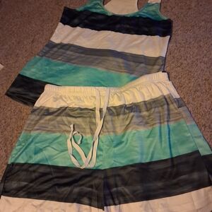 Striped Aqua & White Kids One-Piece Tank and Shorts Set